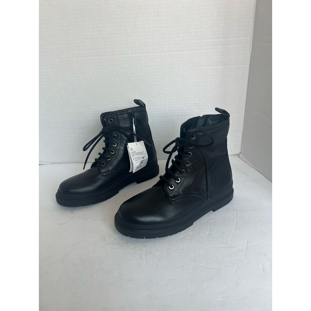 NWT Zara Black Leather Derby Chunky Lug Soles‎ Lace Up Zip Ankle Combat Boots 6